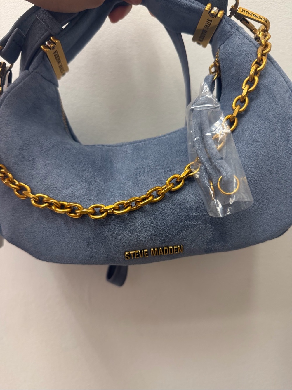 Steve Madden Light Blue Suede Shoulder Bag with Gold Chain